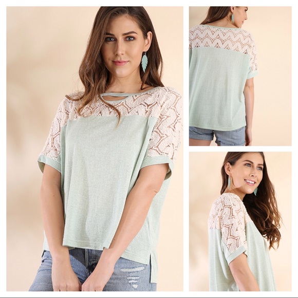 Crochet Short Sleeve Sage Top w/Neck Cutout - Picture 2 of 8